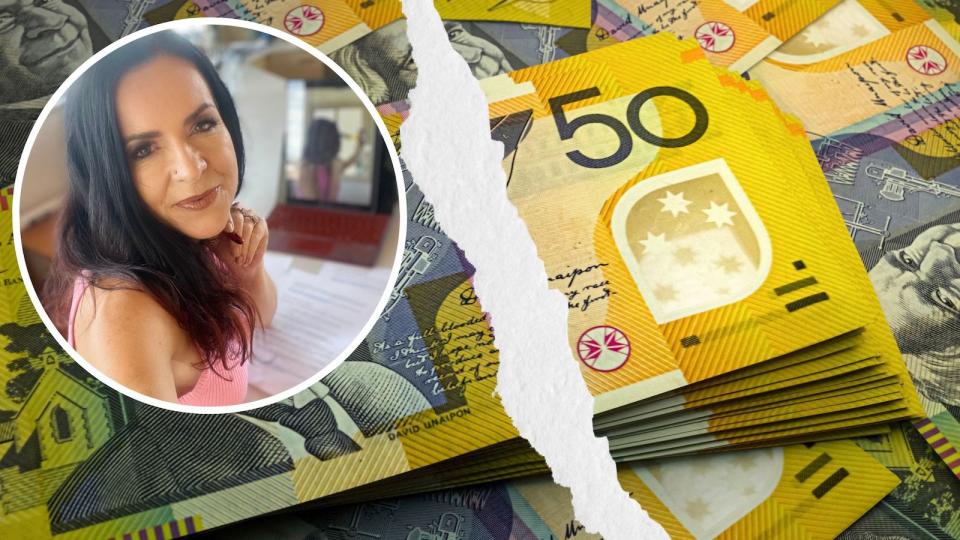 Compilation image of a pile of money with a rip through it and a headshot of Nicole Pedersen-McKinnon in the left corner in a circle frame