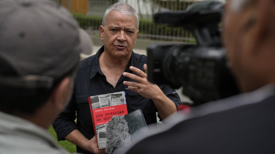 Pedro Salinas speaks with the press outside the Nunciatura Apostolica after meeting with Vatican investigators about alleged abuse by the Catholic lay group Sodalitium Christianae Vitae (SCV) in Lima, Peru, Tuesday, July 25, 2023. - Martin Mejia/AP