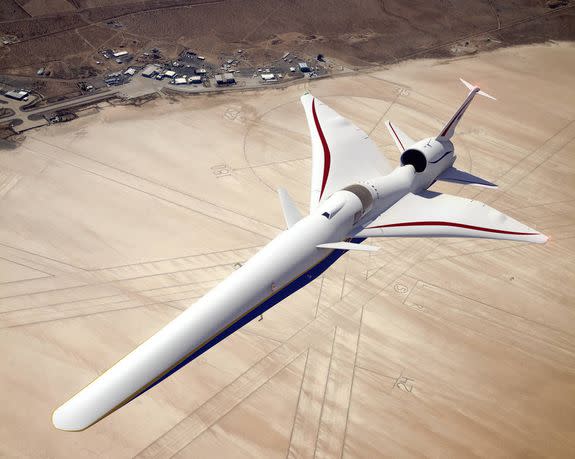 A conception of NASA's quiet boom supersonic plane, flying over NASA's Armstrong Flight Research Center in California