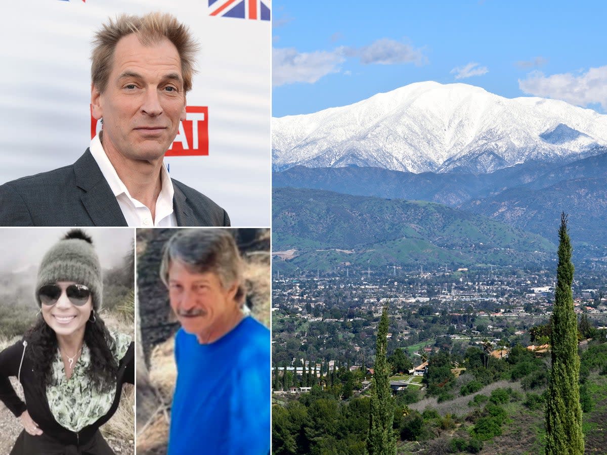 From top, clockwise: The British actor Julian Sands who has been missing for several days after hiking on Mount Baldy, right. Jeffrey Morton and Crystal Paula Gonzalez recently died while hiking during California’s severe storms  (Getty/iStock/Orange County Sheriff’s Department/cbsnews)