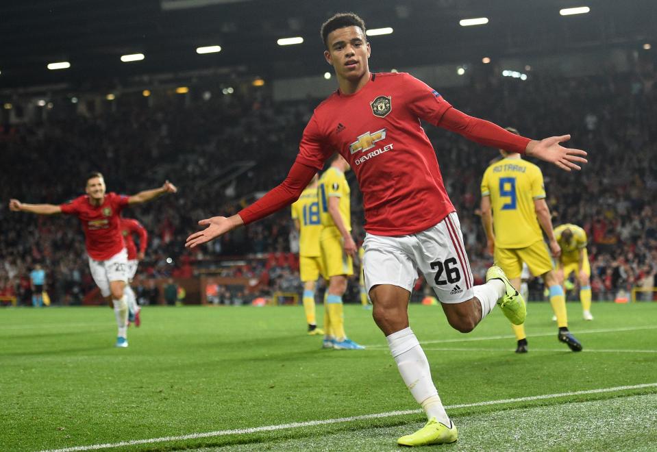 Manchester United's striker Mason Greenwood celebrates after scoring the opening goal of the UEFA Europa League Group L football match between Manchester United and Astana at Old Trafford in Manchester, north west England, on September 19, 2019. (Photo by Oli SCARFF / AFP)        (Photo credit should read OLI SCARFF/AFP/Getty Images)