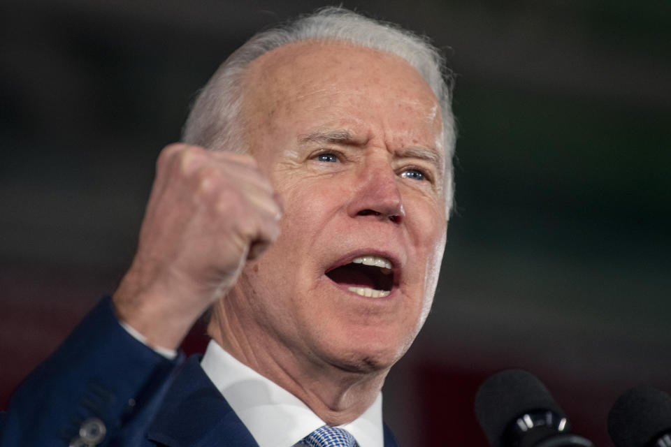 Democratic presidential candidate and former Vice President Joe Biden speaks during his primary election night rally in Columbia, S.C., Saturday, Feb. 29, 2020, after winning the South Carolina primary. (Tom Gralish/The Philadelphia Inquirer via AP)