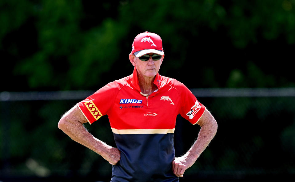 BRISBANE, AUSTRALIA - MARCH 07: Coach Wayne Bennett is seen during a Dolphins NRL training session at Kayo Stadium on March 07, 2024 in Brisbane, Australia. (Photo by Bradley Kanaris/Getty Images)