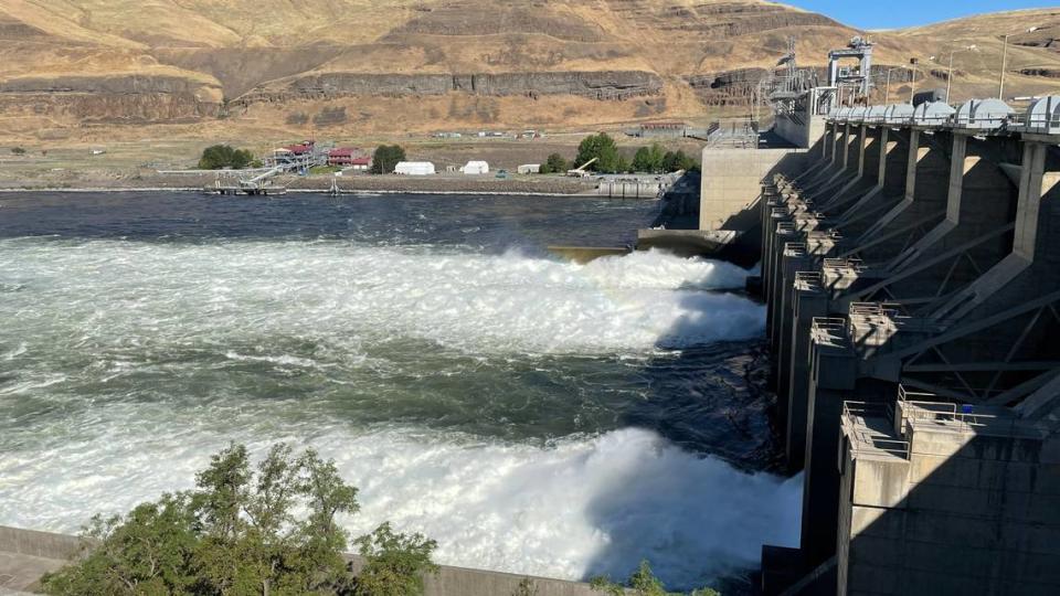 Lower Monumental Dam near Kahlotus on the Snake River spills water to benefit juvenile salmon in July 2022. Army Corps of Engineers