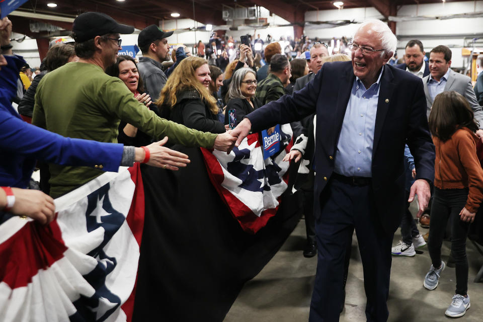 ESSEX JUNCTION, VERMONT - MARCH 03: Democratic presidential candidate Sen. Bernie Sanders (I-VT) greets supporters after addressing a rally with at the Champlain Valley Expo March 03, 2020 in Essex Junction, Vermont. 1,357 Democratic delegates are at stake as voters cast their ballots in 14 states and American Samoa on what is known as Super Tuesday. (Photo by Chip Somodevilla/Getty Images)