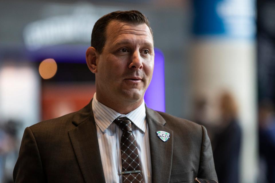 Western Michigan head football coach Tim Lester talks to reporters during the MAC football media day at Ford Field on Tuesday, July 20, 2021.