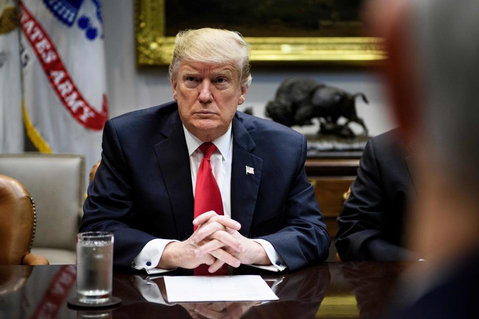 President Donald Trump is pictured during a White House meeting at the Roosevelt Room.