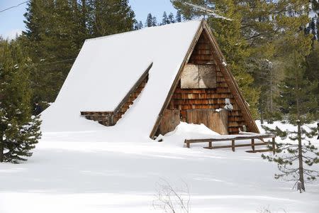 An above-average amount of snow covers a small cabin near where the first snow survey of winter conducted by the California Department of Water Resources in Phillips, California, December 30, 2015. REUTERS/Fred Greaves