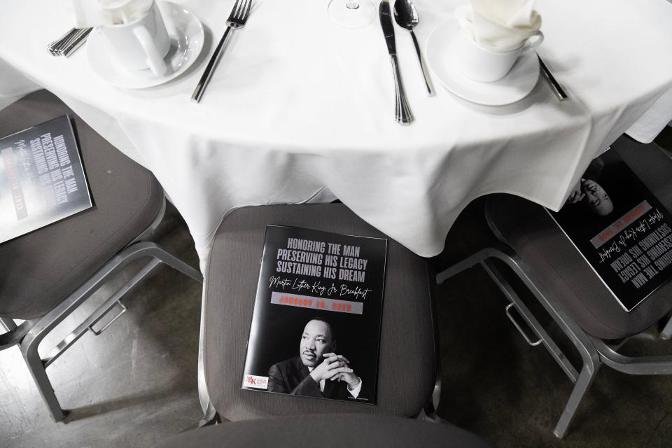 Jan 16, 2023; Columbus, Ohio, USA;  A program for the 2023 Martin Luther King Jr. Breakfast rests on a chair at the Columbus Convention Center. Mandatory Credit: Brooke LaValley/Columbus Dispatch