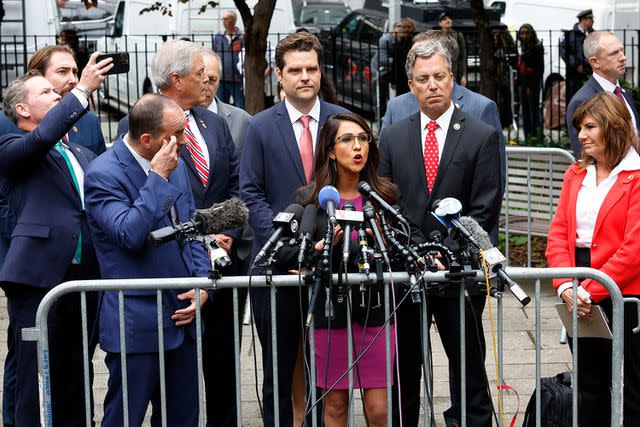 <p>Michael M. Santiago/Getty</p> Rep. Lauren Boebert (R-CO) speaks alongside House Republicans during a press conference at Collect Pond Park outside of Manhattan Criminal Court during former U.S. President Donald Trump's hush money trial on May 16, 2024 in New York City
