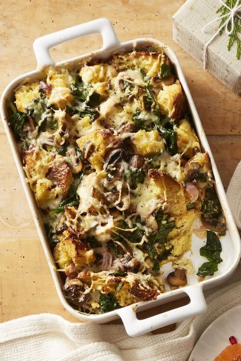<p>The beauty of this dish is that it actually gets <em>better </em>as it sits in the fridge overnight. Assemble this casserole a day or two in advance, and just pop it into the oven in the morning.</p><p>Get the <a href="https://www.goodhousekeeping.com/food-recipes/a25325018/mushroom-and-spinach-bread-pudding-recipe/" rel="nofollow noopener" target="_blank" data-ylk="slk:Mushroom and Spinach Bread Pudding recipe" class="link "><strong>Mushroom and Spinach Bread Pudding recipe</strong></a>.</p>