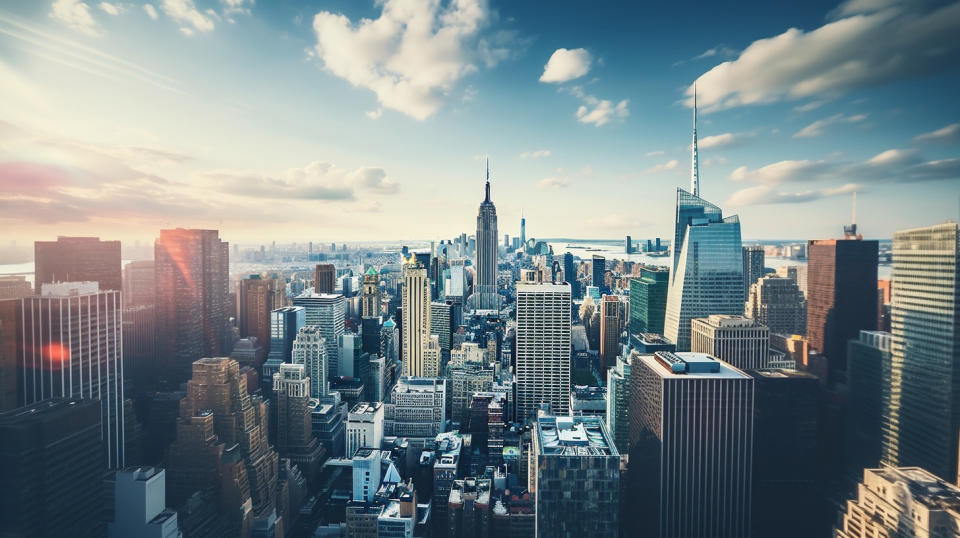 Aerial view of a city's skyline dotted with tall office buildings, symbolizing the success of the Real Estate finance companies.