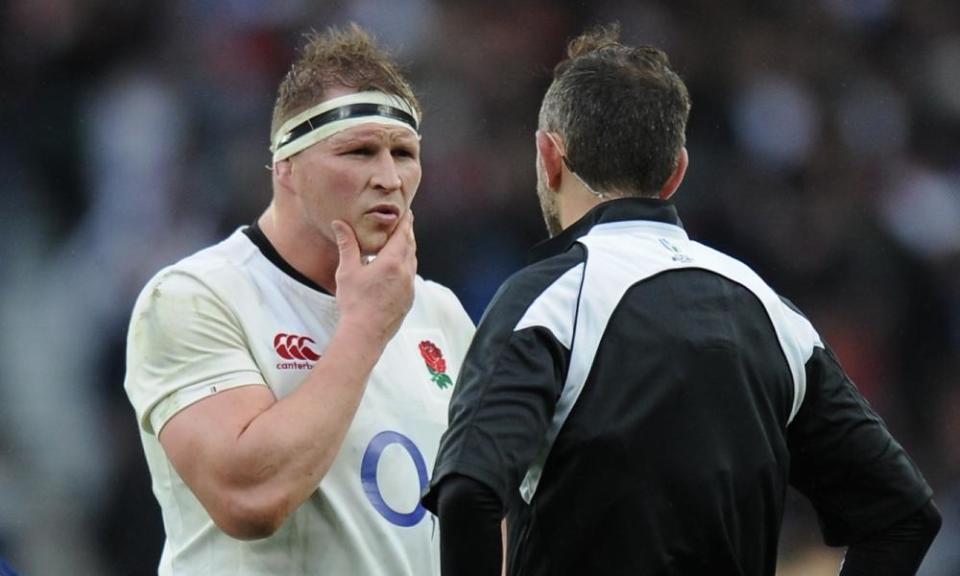 “I am a referee, not a coach”: England’s Dylan Hartley quizzes referee Romain Poite during the Six Nations match between England and Italy.