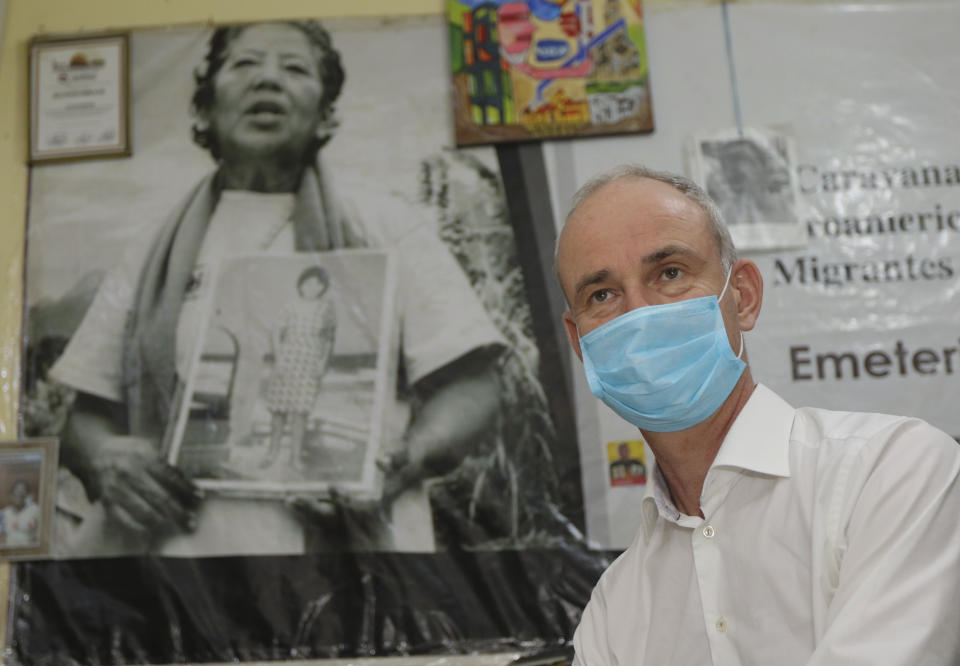 Gilles Carbonnier, vice president of the International Committee of the Red Cross, attends a meeting with relatives of disappeared migrants, in El Progreso Yoro, Honduras, Friday, April 16, 2021. Considering why Hondurans and others around the world feel the need to migrate, Carbonnier said “it is a lack of opportunity and a lack of hope. And a lack of opportunity with a lack of hope results in you saying ‘there’s no space for me in this country and I’m going.’” (AP Photo/Delmer Martinez)