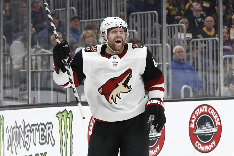 Arizona Coyotes' Phil Kessel celebrates his goal against the Boston Bruins during the second period of an NHL hockey game Saturday, Feb. 8, 2020, in Boston. (AP Photo/Winslow Townson)