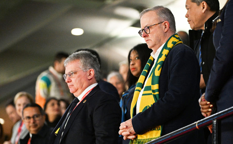 Anthony Albanese watches the Matildas' clash with England in the World Cup semi-finals.