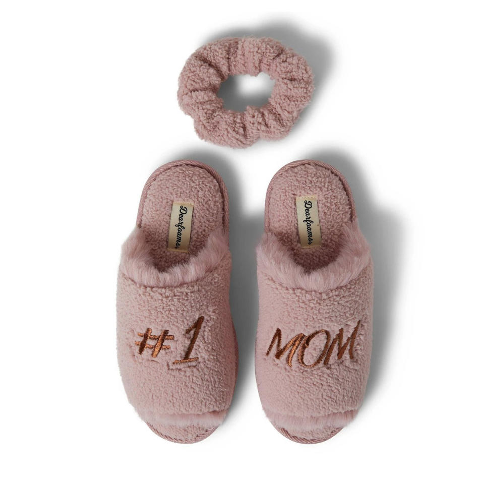 Dearfoams Women's Louise Teddy Slide with Scrunchie Set