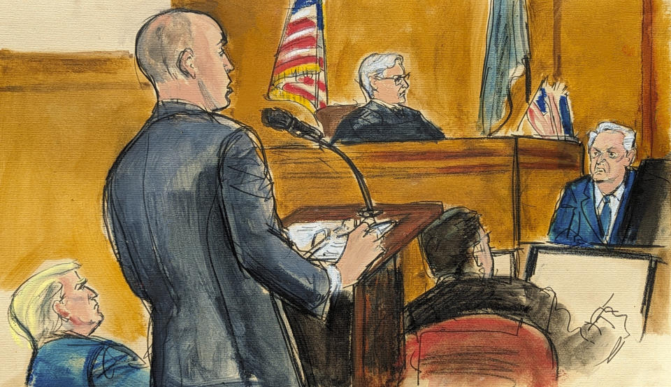 Donald Trump, far left, watches as defense attorney Emil Bove questions Robert Costello, right, with Judge Juan Merchan presiding in Manhattan criminal court, Monday, May 20, 2024, in New York. (Elizabeth Williams via AP)