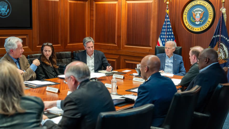 President Joe Biden meets with members of the National Security team regarding the unfolding missile attacks on Israel from Iran on April 13, 2024, in the White House Situation Room. - Adam Schultz/The White House via Getty Images