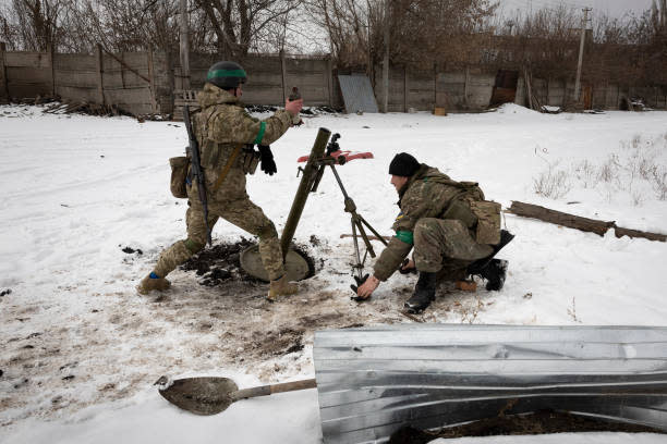 A Ukrainian mortar fires on a Russian position on 16 February 2023 in Bakhmut, Ukraine (Getty Images)