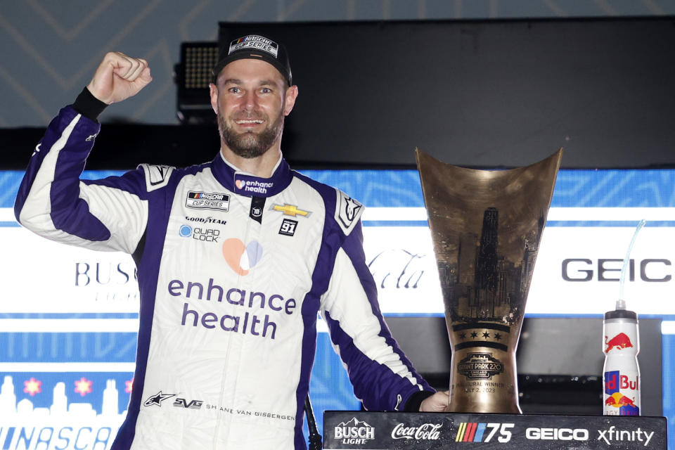CHICAGO, ILLINOIS - JULY 02: Shane Van Gisbergen, driver of the #91 Enhance Health Chevrolet, celebrates in victory lane after winning the NASCAR Cup Series Grant Park 220 at the Chicago Street Course on July 02, 2023 in Chicago, Illinois. (Photo by Chris Graythen/Getty Images)