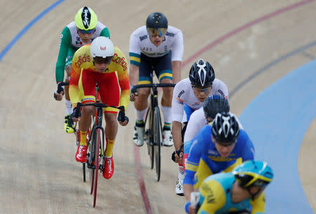 Cycling - UCI Track World Championships - Men's Omnium, Scratch Race - Hong Kong, China - 15/4/17 - Spain's Albert Torres Barcelo (front L) in action. REUTERS/Bobby Yip