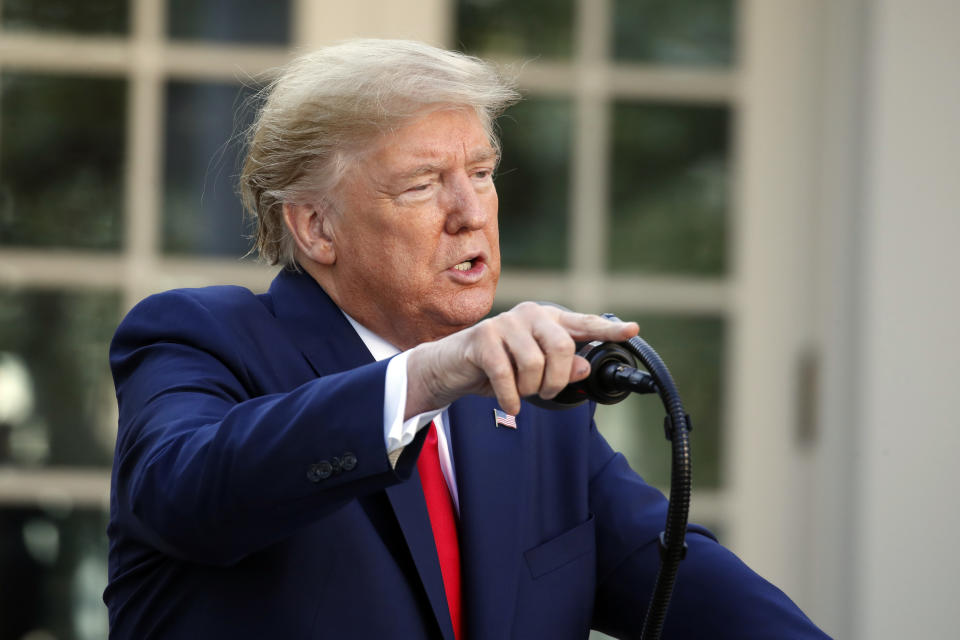 President Donald Trump speaks about the coronavirus in the Rose Garden of the White House, Monday, March 30, 2020, in Washington. (AP Photo/Alex Brandon)