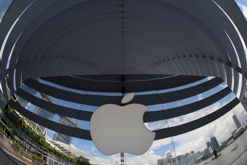 FILE PHOTO: A logo of Apple is seen outside at the upcoming Apple Marina Bay Sands store in Singapore