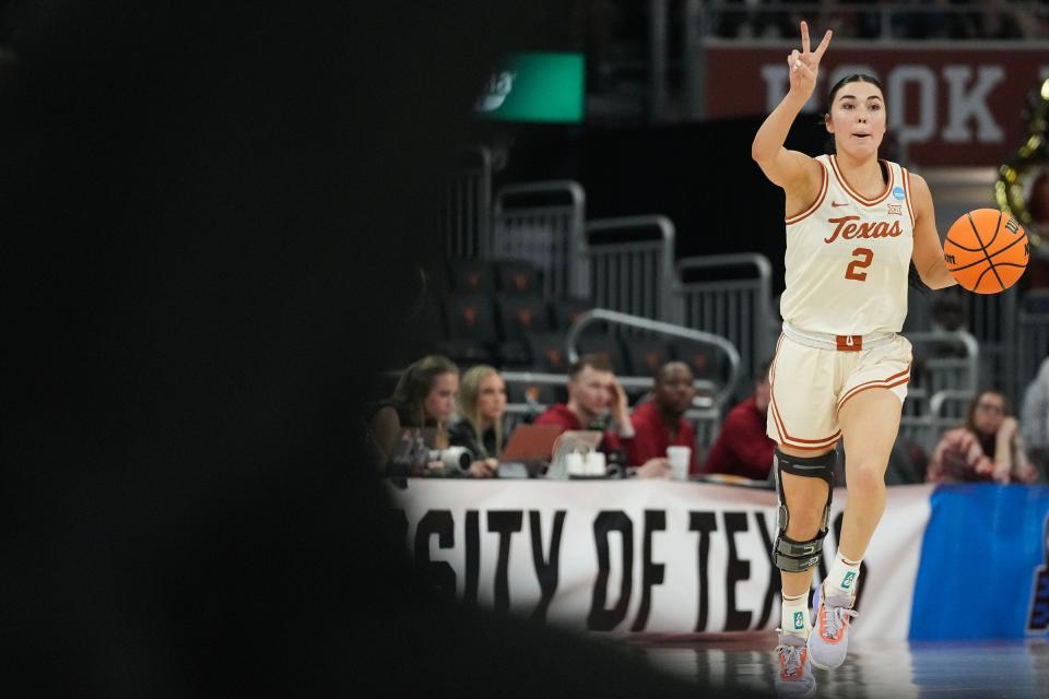Texas guard Shaylee Gonzales calls a play for the Longhorns during their 82-42 win over Drexel in the first round of the NCAA Women's Tournament at Moody Center on Friday. Gonzales burned the Dragons for 21 points to lead top-seeded Texas into Sunday's second round.
