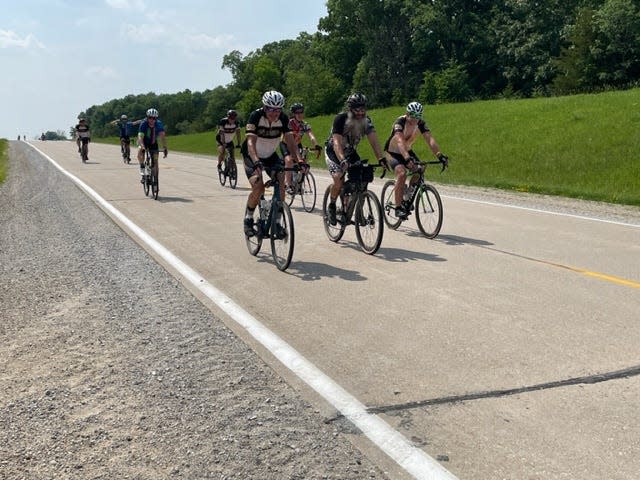 The RAGBRAI pre-ride team climbs up out of the Des Moines River valley and heads toward Luther on June 6, 2023.