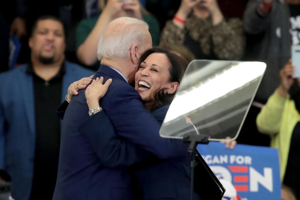 Senator Kamala Harris hugs former Vice President Joe Biden after introducing him at a campaign rally at Renaissance High School on March 9, 2020, in Detroit, Michigan. / Credit: Getty Images