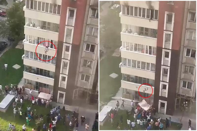 16樓公寓火警難逃生，媽媽把小孩丟窗外「自由落體」！1樓鄰居神救援。（翻自《每日郵報》）