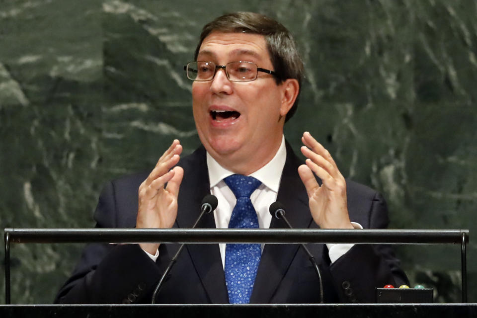 Cuba's Foreign Minister Bruno Eduardo Rodriguez Parrilla addresses the 74th session of the United Nations General Assembly, Saturday, Sept. 28, 2019. (AP Photo/Richard Drew)