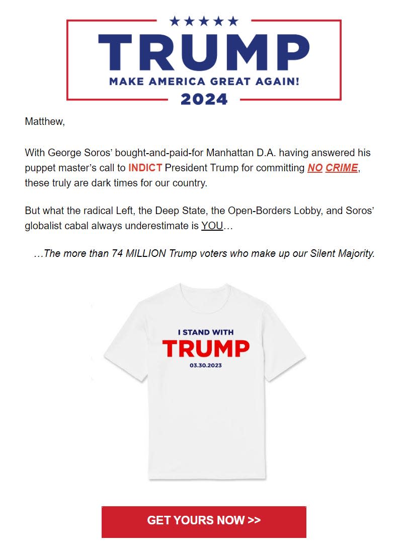 An email from Trump's team offers the shirt as a reward for donations of $47 and up.