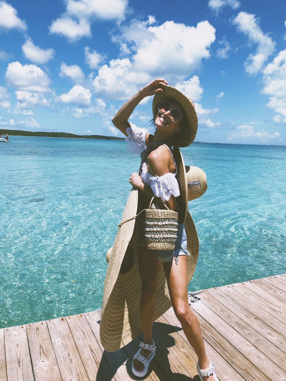 Arriving at The Other Side on the day of my wedding. Michelle Rago, our wedding planner and dear friend, took this pic. She couldn’t have captured the spirit of the weekend better! Dannijo bedazzled Tevas (I made them special for the weekend!), Dannijo x Poolside bag, and 20 hats!