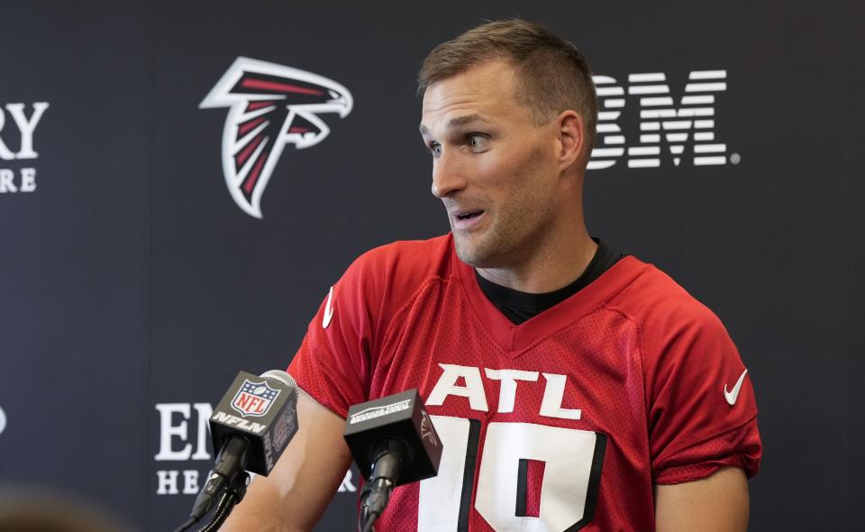 Jun 3, 2024; Atlanta, GA, USA; Atlanta Falcons quarterback Kirk Cousins (18) is interviewed after Falcons OTA at the Falcons Training facility. Mandatory Credit: Dale Zanine-USA TODAY Sports