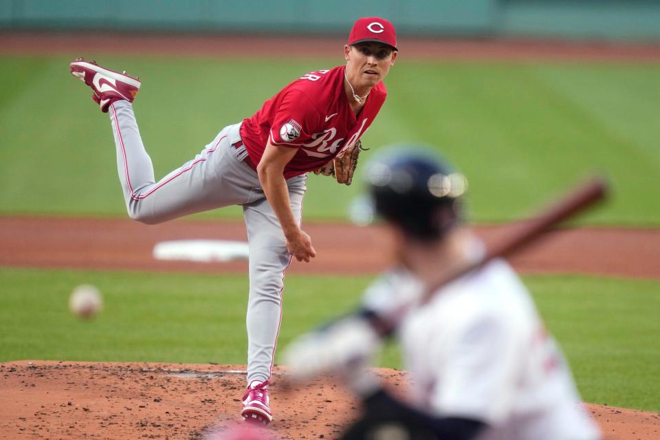 Cincinnati Reds pitcher Luke Weaver watches a pitch during the first inning of the team's baseball game against the Boston Red Sox at Fenway Park, Wednesday, May 31, 2023, in Boston.