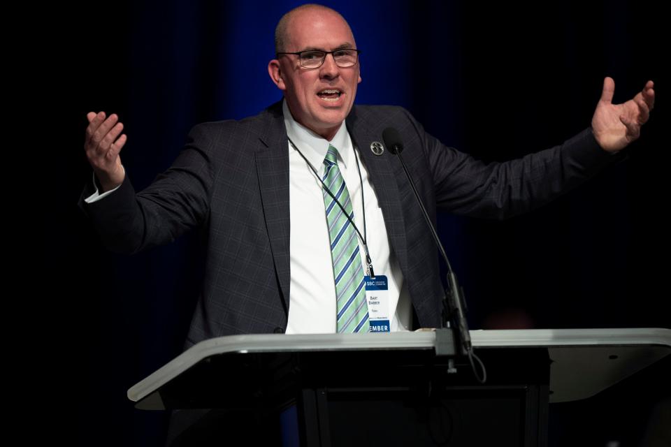 SBC President Bart Barber addresses the SBC Executive Committee during a meeting on Feb. 20, 2023. The executive committee gathered for a meeting on Sept. 18-19, during which Barber addressed the executive committee and spoke to issues of division and instability.