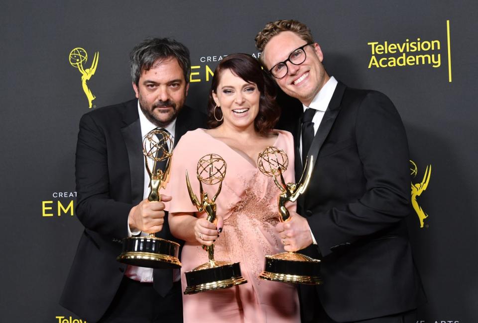 Bloom (centre) in 2019 with her songwriting partners: the late Adam Schlesinger (left) and Jack Dolgen (Getty)