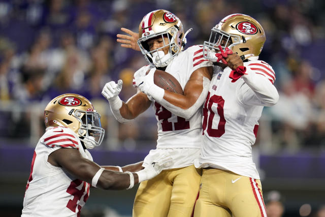 San Francisco 49ers safety George Odum (30) runs after an interception  during an NFL football game against the Arizona Cardinals, Sunday, Jan.8,  2023, in Santa Clara, Calif. (AP Photo/Scot Tucker Stock Photo 