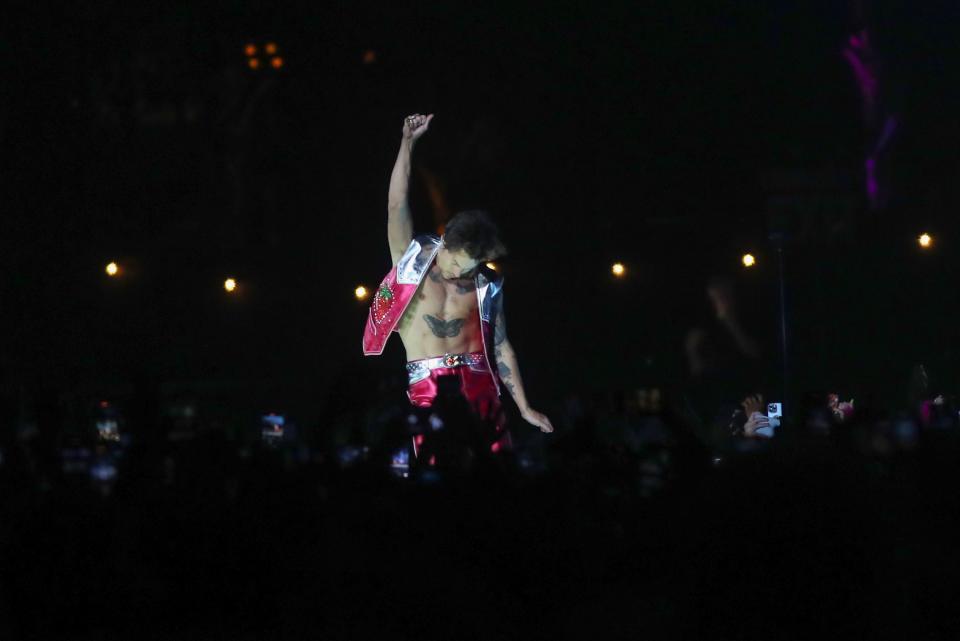 Harry Styles performs on the Coachella Stage at the Coachella Valley Music and Arts Festival in Indio, Calif., April 22, 2022.