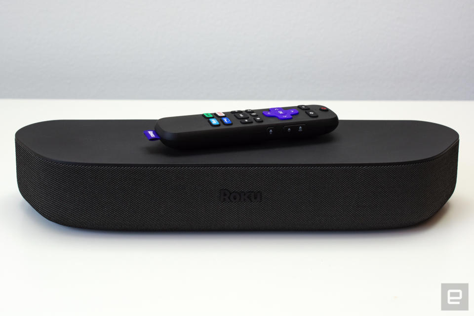 Roku Streambar soundbar on a white table.