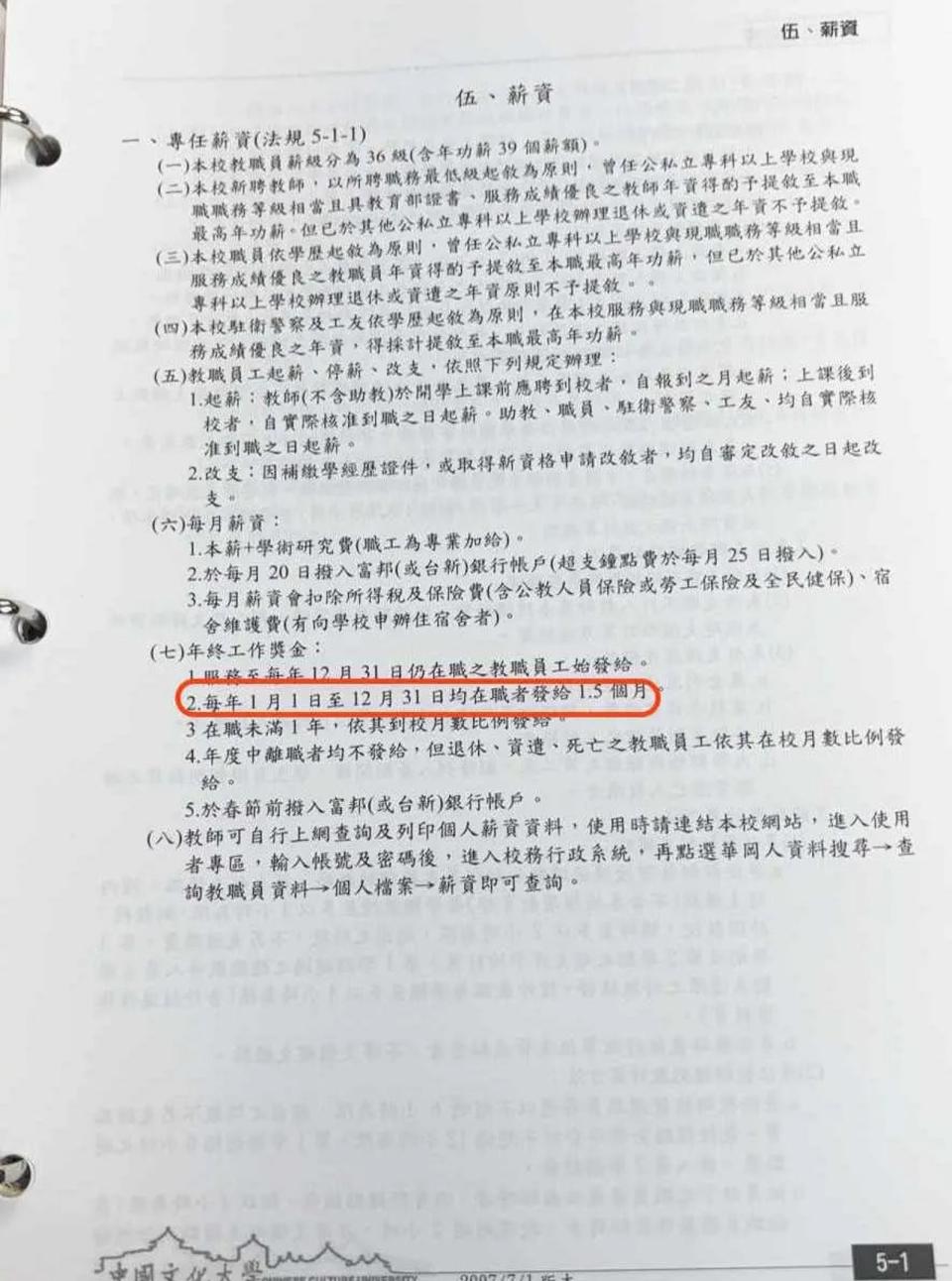 文大教職員手冊明訂，年終獎金屬於薪資範疇。（高教工會提供）