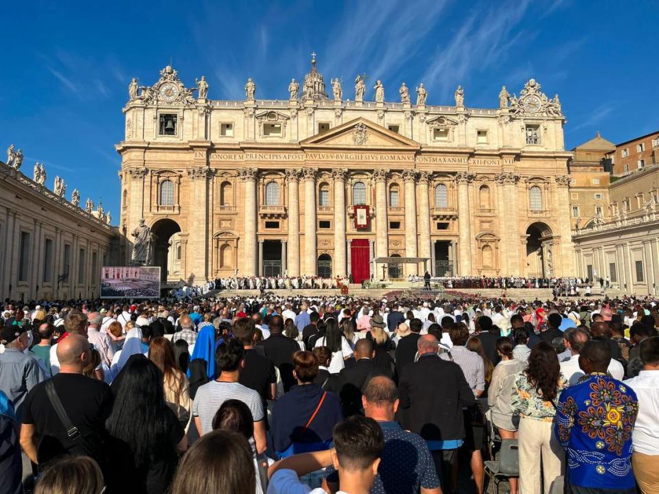 Thousands of Catholics gather with synod delegates and Pope Francis for Holy Mass in St Peter’s Square for the Opening of the XVI Ordinary General Assembly of the Synod of Bishops on Oct. 4, 2023.
