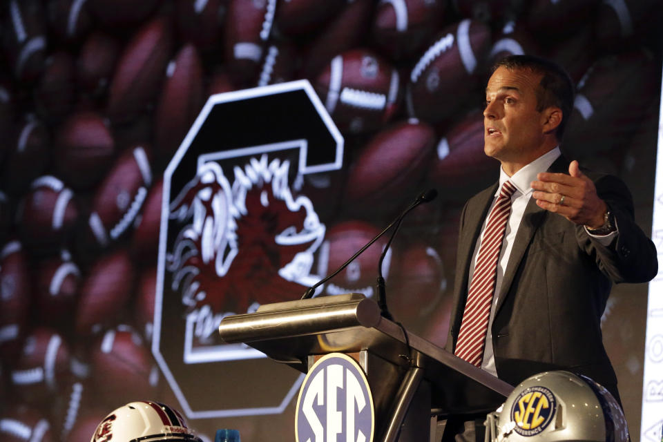 South Carolina head coach Shane Beamer speaks to reporters during the NCAA college football Southeastern Conference Media Days, Monday, July 19, 2021, in Hoover, Ala. (AP Photo/Butch Dill)