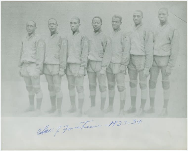 The New York Renaissance Hall of Fame team (1933-34), from left, are "Fats" Jenkins, "Bill" Yancey, Johnnie Holt, "Pappy" Ricks, Eyre Saitch, Tarzan Cooper and Willie Smith. The first all-Black basketball team was formed February 12, 1923. File Photo courtesy of the New York Public Library