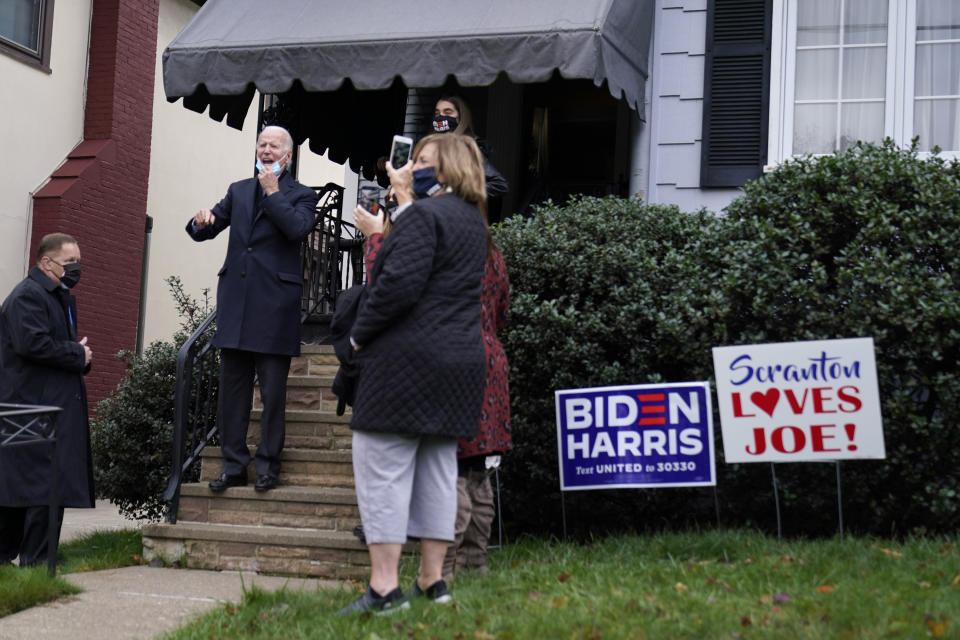 Democratic presidential candidate former Vice President Joe Biden speaks while visiting his boyhood home during a stop in Scranton, Pa., Tuesday, Nov. 3, 2020. (AP Photo/Carolyn Kaster)