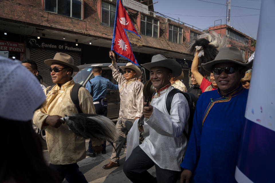 People from the mountaineering community participate in a rally to mark the anniversary of the first ascent of Mount Everest in Kathmandu, Nepal, Wednesday, May 29, 2024. (AP Photo/Niranjan Shrestha)