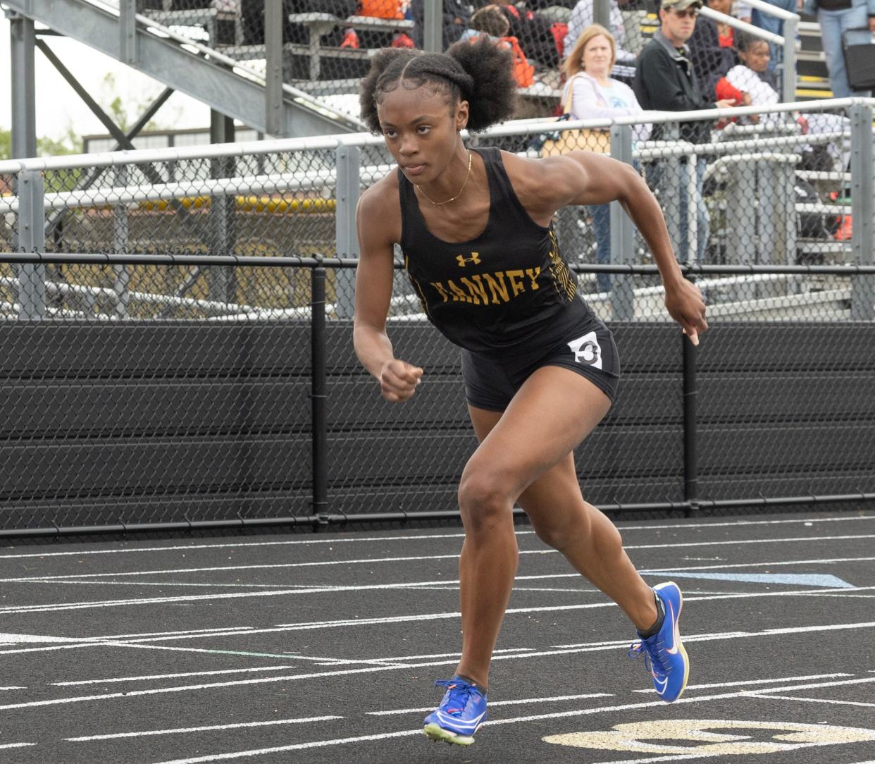 St. John Vianney’s Alexandria Scott fins the Girls 400 Hurdles. Monmouth County Track Championships at Monmouth Regional in Tinton Falls on May 9, 2024.