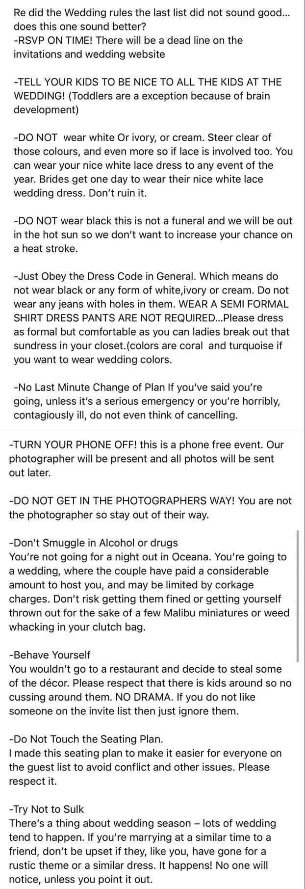 a long list of rules like don't get in the photographers way, don't sulk, tell your kids to be nice